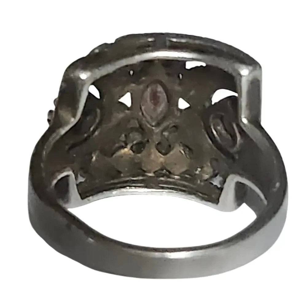 Vtg Thai 925 Sterling Silver Garnet Marcasite Art Deco Statement Ring Sz 9.25